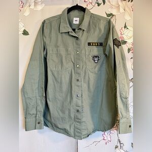 Vans Olive Army Green Button-Up Military Safari Shirt with Embroidery Patches